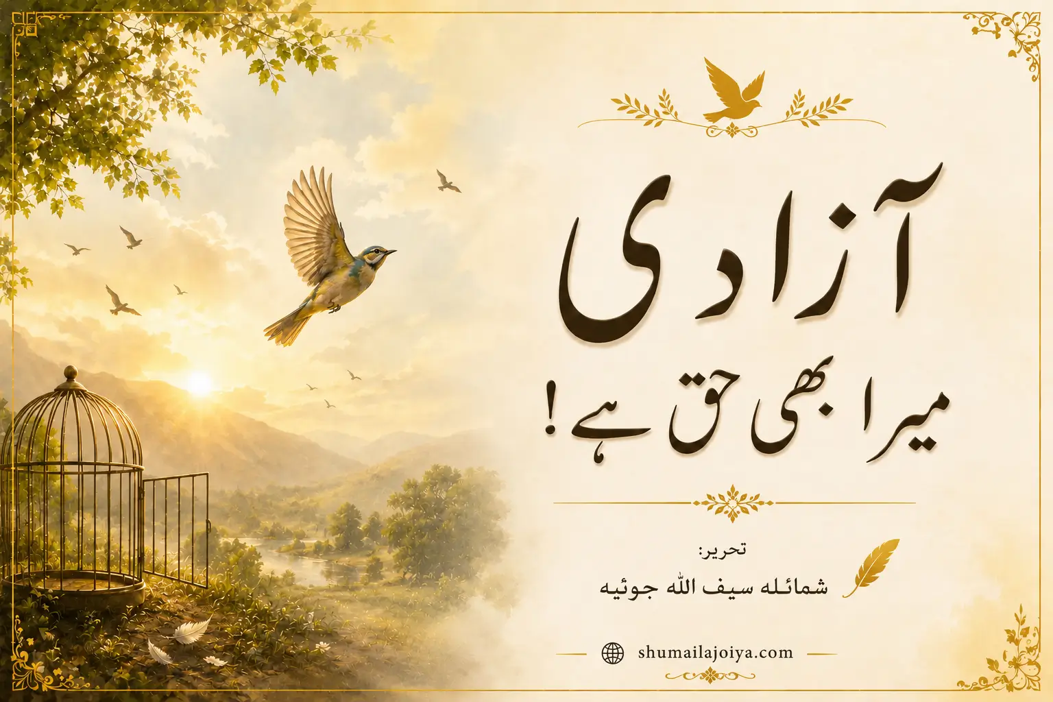 آزادی میرا بھی حق ہے اردو پوسٹر جس میں کھلا پنجرہ، آزاد اڑتا ہوا پرندہ، سنہری قدرتی منظر، اور مصنفہ شمائلہ سیف اللہ جوئیہ کا نام شامل ہے، جو آزادی، امید اور خودمختاری کی علامت پیش کرتا ہے۔